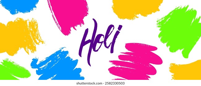 Holi holiday banner. Indian festival of colors, love and spring. Bright colored brush strokes with hand lettering. Festive graphic design for Holi greetings and invitations. Vector illustration.