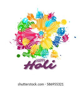 Holi holiday design with colorful watercolor splash and mandala. Vector illustration.