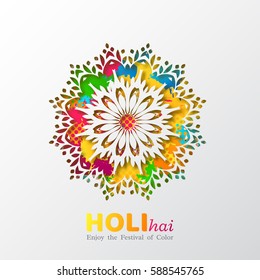 Holi holiday design with colorful watercolor splash and mandala. Vector illustration.