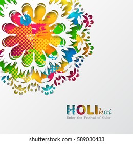 Holi holiday design with colorful watercolor splash and mandala. Vector illustration.