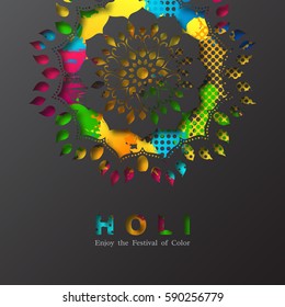 Holi holiday design with colorful watercolor splash and mandala. Black background. Vector illustration. EPS 10.