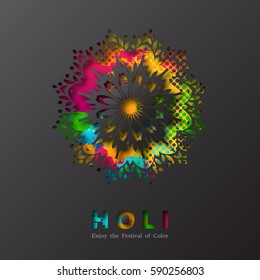 Holi holiday design with colorful watercolor splash and mandala. Black background. Vector illustration. EPS 10.