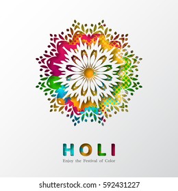 Holi holiday design with colorful watercolor splash and mandala. Vector illustration.