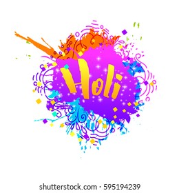 Holi holiday greeting abstract logo emblem in different colors isolated on white background. Indian festival of colors. Typography, colorful logo. Vector illustration. Usable for banners, greeting