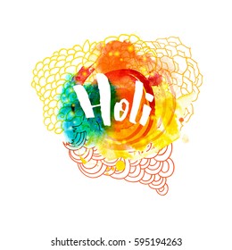 Holi holiday greeting abstract logo emblem in different colors isolated on white background. Indian festival of colors. Typography, colorful logo. Vector illustration. Usable for banners, greeting