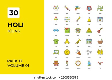 Colección de iconos Holi. Establecer la línea vectorial con elementos para conceptos móviles y aplicaciones web. Colección de iconos modernos.
