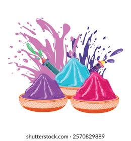 Holi illustration featuring bowls of vibrant powder and Pichkaris spraying festive colors on a white backdrop