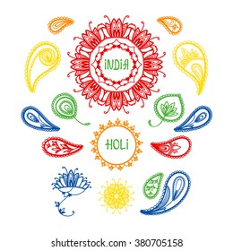Holi. India. Big set with elements of Indian culture. Frame, mandala. 