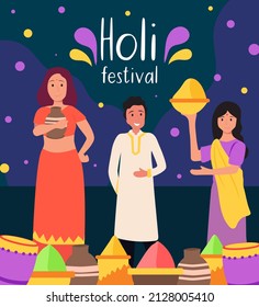 Holi India celebration illustration with colors and in national costumes
