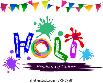 "Holi" Indian festival of colors  background with hand lettering and colorful paint splash
es
