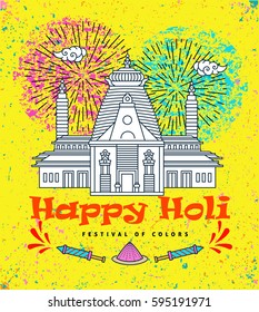 Holi Indian festival of colors flat thin line greeting card banner template. Hindu festival linear minimal modern stroke vector concept. Happy Holi background. Web, banner, poster