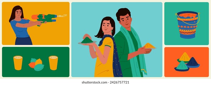 Holi Indian festival elements with man and woman celebrating Holi festival vector editable illustration set design