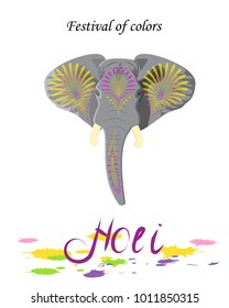 Holi indian spring festival of colors background vector illustration.The head of an elephant on the background blots colorful paint.Design element invitation, banner,flyer.Vector flat poster.Isolated