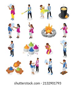 Holi isometric color icons set of indian people celebrating national holiday of spring and colors isolated vector illustration