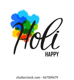 Holi lettering with colorful blobs. Festival of colors. Hand drawn vector illustration, greeting card, design, logo.