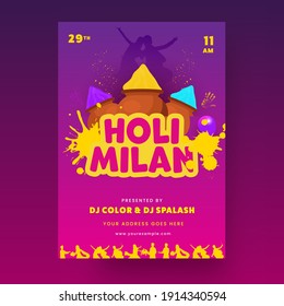 Holi Milan Template Or Flyer Design With Powder (Gulal) In Mud Pots And Event Details.