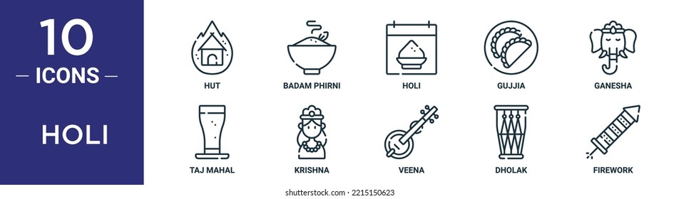 conjunto de iconos de esquema holi incluye cabaña de línea delgada, badam phirni, holi, gujia, ganesha, taj mahal, iconos krishna para informes, presentaciones, diagrama, diseño web Vector de stock