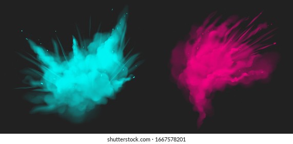 Holi paint powder color explosion realistic vector illustration. Blue and pink dust splash, spring holiday paint burst isolated on transparent, decorative element for indian fest