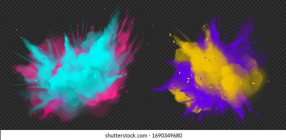 Holi paint powder color explosion realistic vector illustration. Blue pink, yellow purple dust splash, spring holiday paint burst isolated on dark transparent, decorative element for indian fest