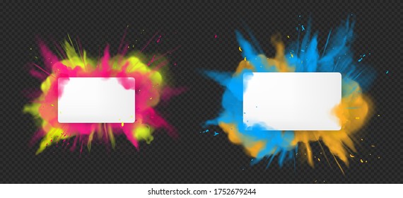 Holi paint powder color explosion banner realistic vector. Blue pink yellow dust splash, spring holiday paint burst with white clear blank paper isolated on dark, decorative element indian fest