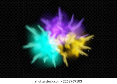 Holi paint powder color explosion realistic. Splash of paint dust with particles. Vector realistic set of burst effect of colorful powder clouds