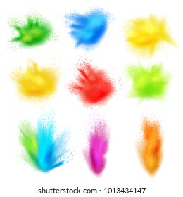 Holi Paint Set Of Realistic Splashes Isolated Images Of Colored Paint Dust Clouds On Blank Background Vector Illustration