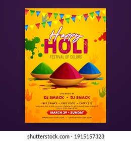 Holi Party Flyer. Colorful Holi Powder, Color Splash And Water Gun On Yellow. Background For Poster, Flyer, Brochure And Social Media.