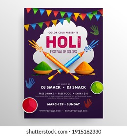 Holi Party Flyer. Colorful Holi Powder, Color Splash And Water Gun On Dark Purple Background For Poster, Flyer, Brochure And Social Media.