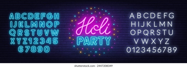 Holi Party Neon Sign on brick wall background.