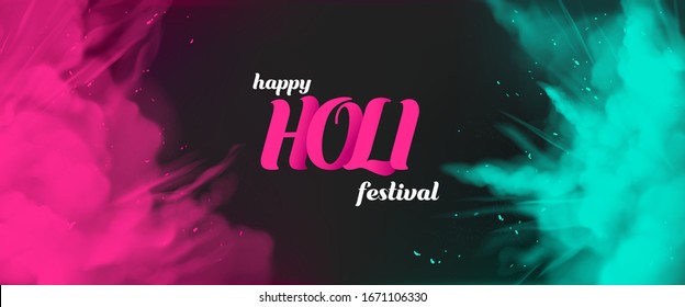 Holi powder paints empty banner template, horizontal border with pink and green color splashes on black background colorful cloud or explosion, indian festival ad. Realistic 3d vector illustration