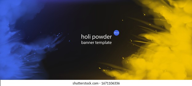Holi powder paints empty banner template, horizontal border with blue and yellow color splashes on black background colorful cloud or explosion, indian festival ad. Realistic 3d vector illustration