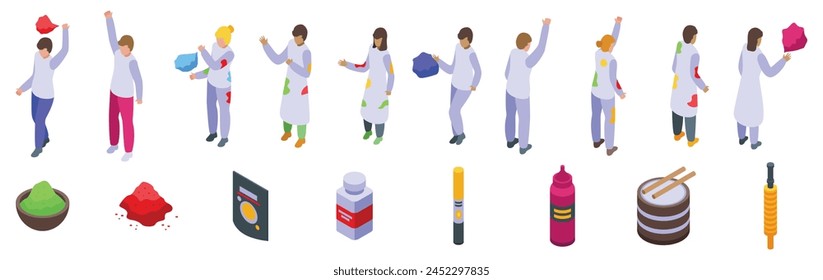 Holi powder paints icons set isometric vector. Happy festival. Costume play