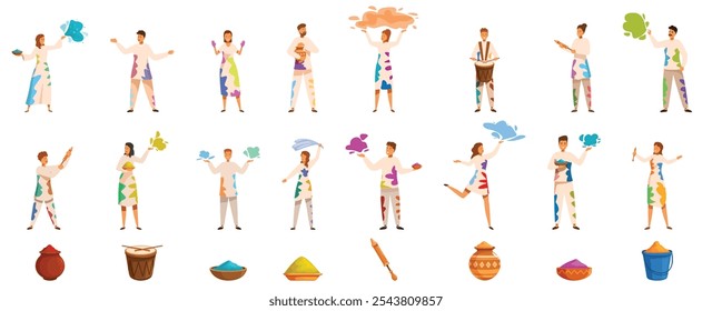 Holi powder paints icons set. People celebrating holi festival by throwing colored powder, playing drums, and dancing