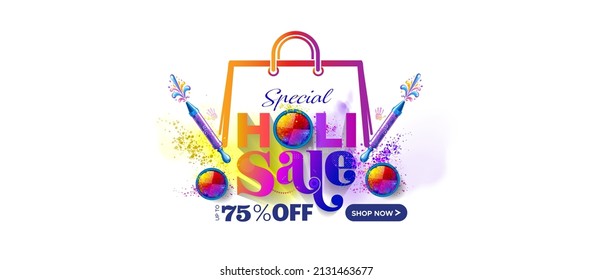 Holi promotional shopping sale offer logo banner concept for website header and mobile internet marketing with colorful holi festival gulal and text Holi sale