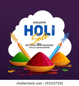 Holi Sale Background. Colorful Holi Powder And Water Gun On Dark Purple Background With 70% Sale Text. Vector Illustration