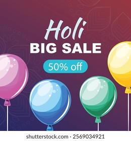 Holi sale banner with colorful balloons at the bottom and an Indian style mandala in the background