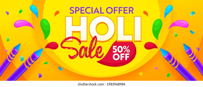 Holi Sale Banner, Social Media Promo Ad with Colorful Paint Spots, Pencils and Typography with Confetti. Shopping Discount Special Offer, Content Decoration Backdrop, Announcement. Vector Illustration