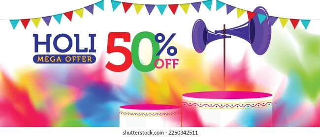 Holi sale offer banner template with product podium in between color blast and loud speaker and buntings