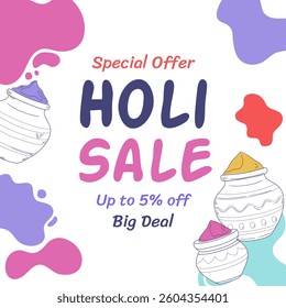Holi Sale poster with color in pitcher. Holi Sale Banner With up to 5% off. Vector Illustration. 5% Discount. Big Deal. Special Offer.
