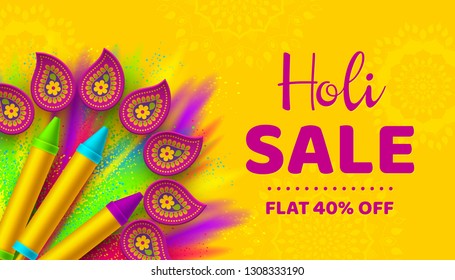 Holi sale promotional background for celebration hindu Festival of Colors. 3d realistic holi pichkari with color splash and rangoli. Vector illustration.