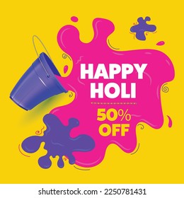 Holi sale special offer template. color splash coming out from bucket.