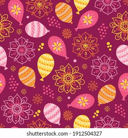 Holi patrón sin fisuras con globo, mandala, confetti, brillo sobre fondo morado. Perfecto para decoraciones de vacaciones indias, papel pintado, tela, papel de regalo. Ilustración del vector