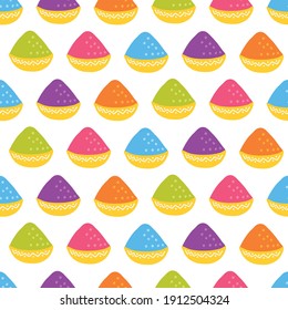 Holi nahtloses Muster mit buntem Pulver auf weißem Hintergrund. Ideal für indische Feriendekorationen, Tapeten, Stoff, Geschenkpapier. Vektorgrafik