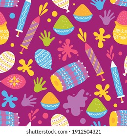 Holi seamless pattern with splash, drum, pichkari, palm print, balloon on purple background. Perfect for Indian holiday decorations, wallpaper, fabric, gift paper. Vector illustration