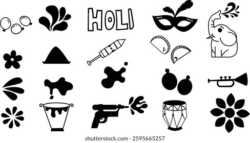 Holi splash,Holi Background decor design set, Festival of color icon set,Hand drawn design,Holi related doddle set.