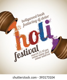 Holi spring festival of colors poster invitation template with powder paint pouring from clay pots.EPS 10 vector.
