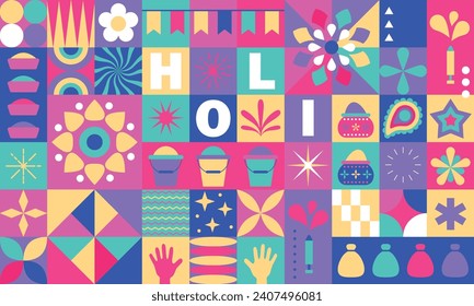 Holi symbols, icons, designs. Festival of colors vector design element with colorful Holi paints. Happy Holi, Indian holiday and festival poster, banner, colorful vector illustration