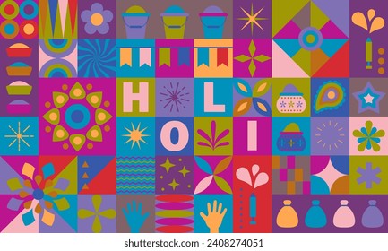 Holi symbols, icons, designs. Festival of colors vector design element with colorful Holi paints. Happy Holi, Indian holiday and festival poster, banner, colorful vector illustration