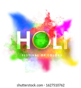 Holi Text with Top View Mud Pot Full of Powder (Gulal) and Color Splash Effect on White Background for Festival Of Colors.