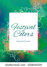 Holi traditional indian ethnic festival of colors poster with mehndi ornament in front of colorful turquoise splashes.
